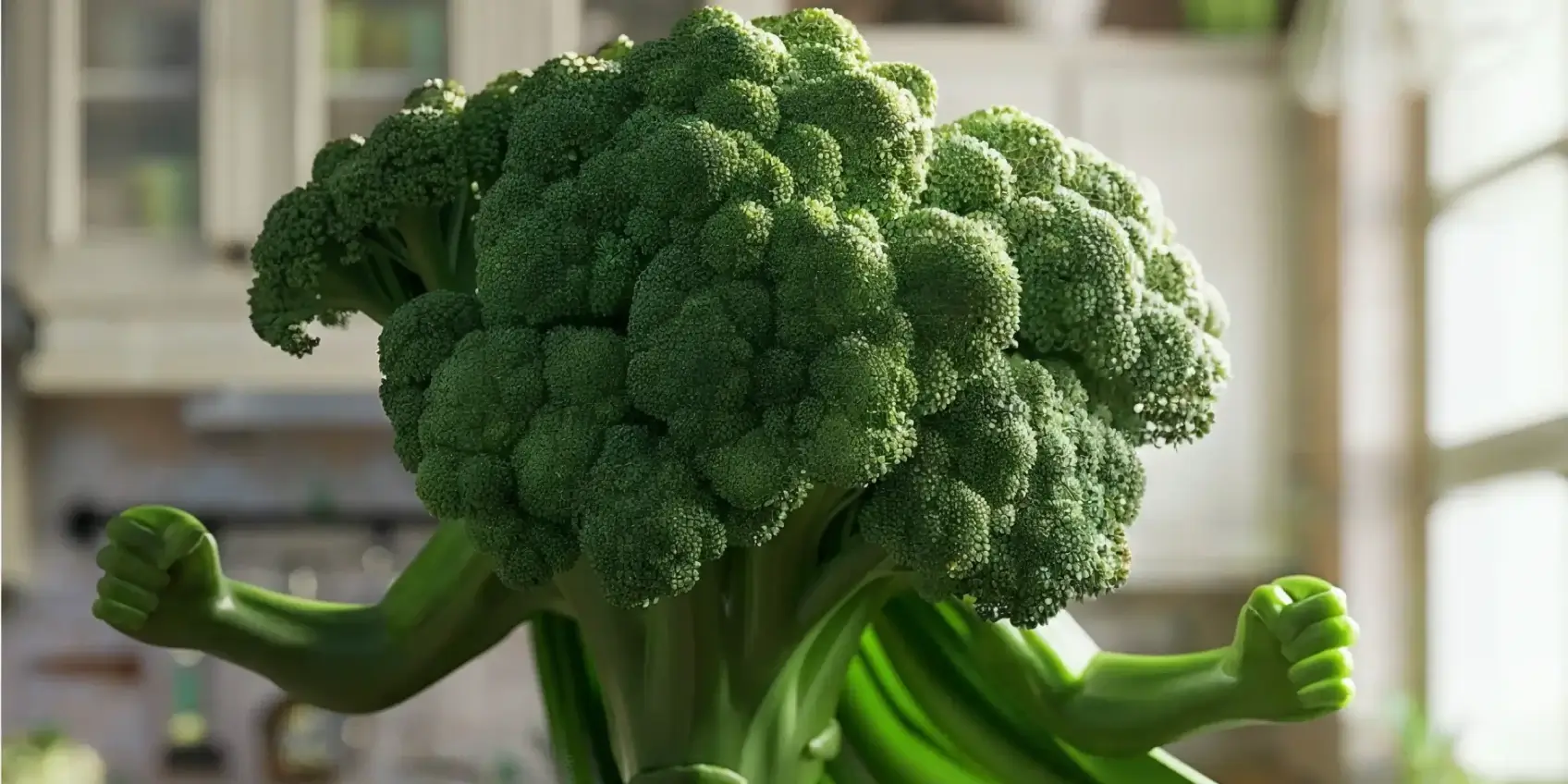 Broccoli with human-like arms flexing in a kitchen setting.