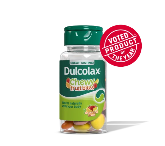 Dulcolax Chewy Fruit Bites bottle with "Voted Product of the Year" badge.