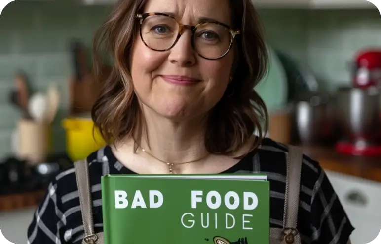 Person holding a book titled "Bad Food Guide" in a kitchen setting.