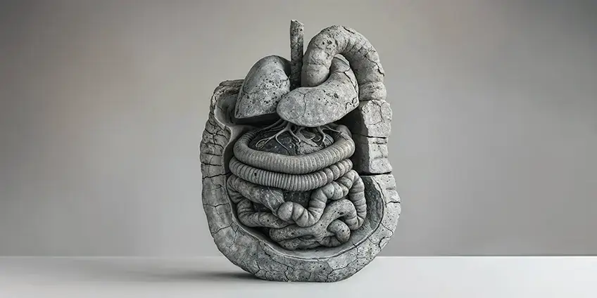 Stone sculpture of human digestive organs with a textured, cracked surface.