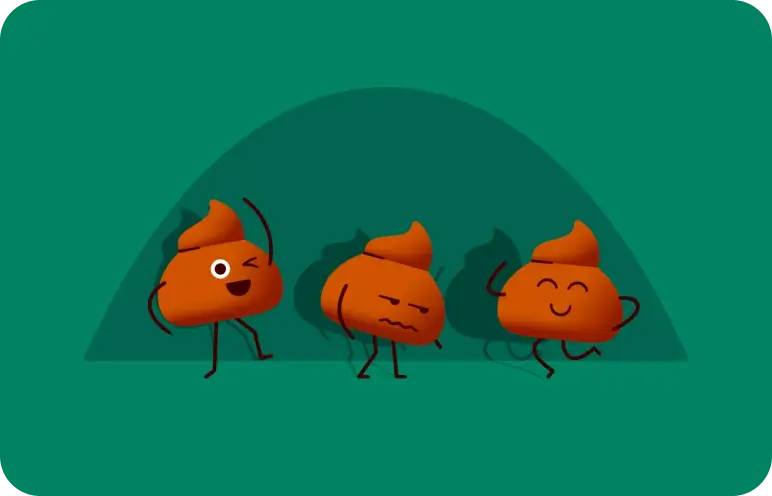 Three animated poop emojis with faces and limbs over a green background.
